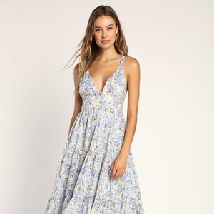 Lulus Brightly Blossoming Light Blue Floral Tiered Midi Dress size XL